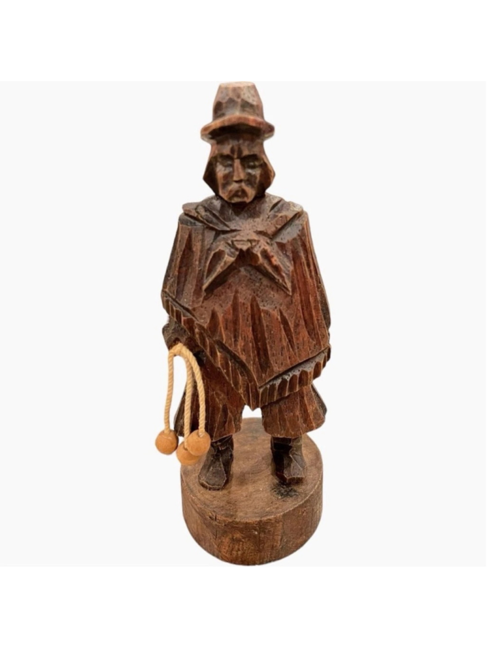 Hand Carved Vintage Wooden Gaucho Man Sculpture Boleadora Dark Wood Figure